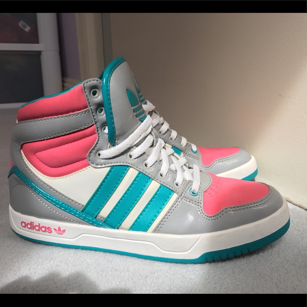 New Adidas Womens Hi Top Trainers, Pink/Turquoise